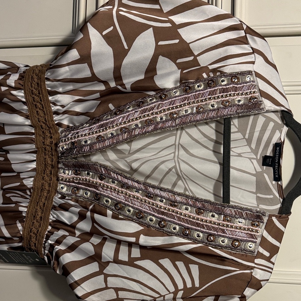 Boston Proper Taupe and Cream Leaf Print Dress - Picture 4 of 10